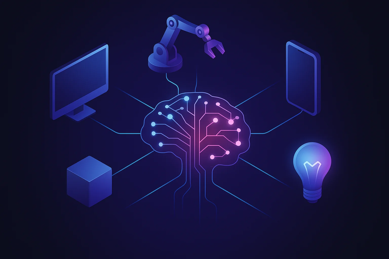 Our AI Solutions – Seamless AI Integration | intech Heritage intech Heritage – visual representation of our AI solutions integrating artificial intelligence into standard and custom products through a central neural networ
