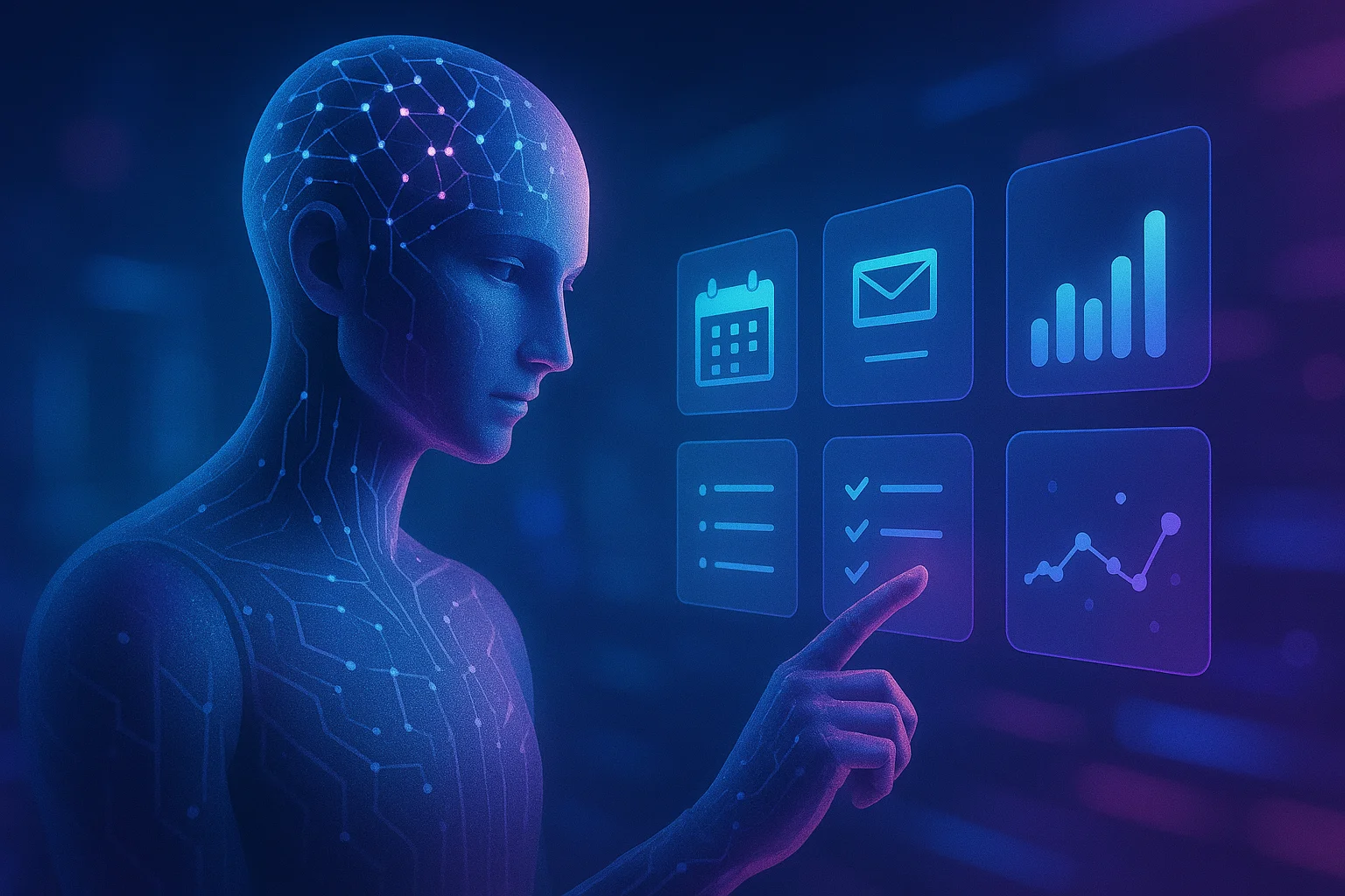 custom-intelligent-agent-ai-solution-intech-heritage Futuristic intelligent agent interacting with holographic interface icons, representing tailored AI solutions and automation by intech Heritage.