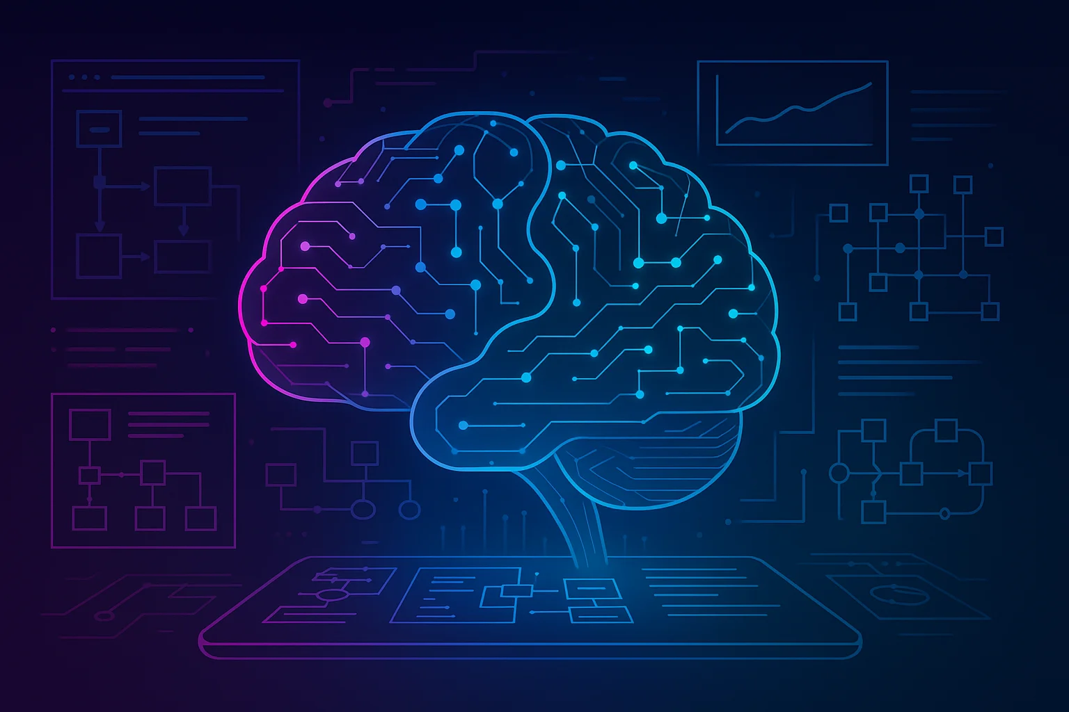 Glowing holographic brain surrounded by digital schematics representing AI strategy design – intech Heritage