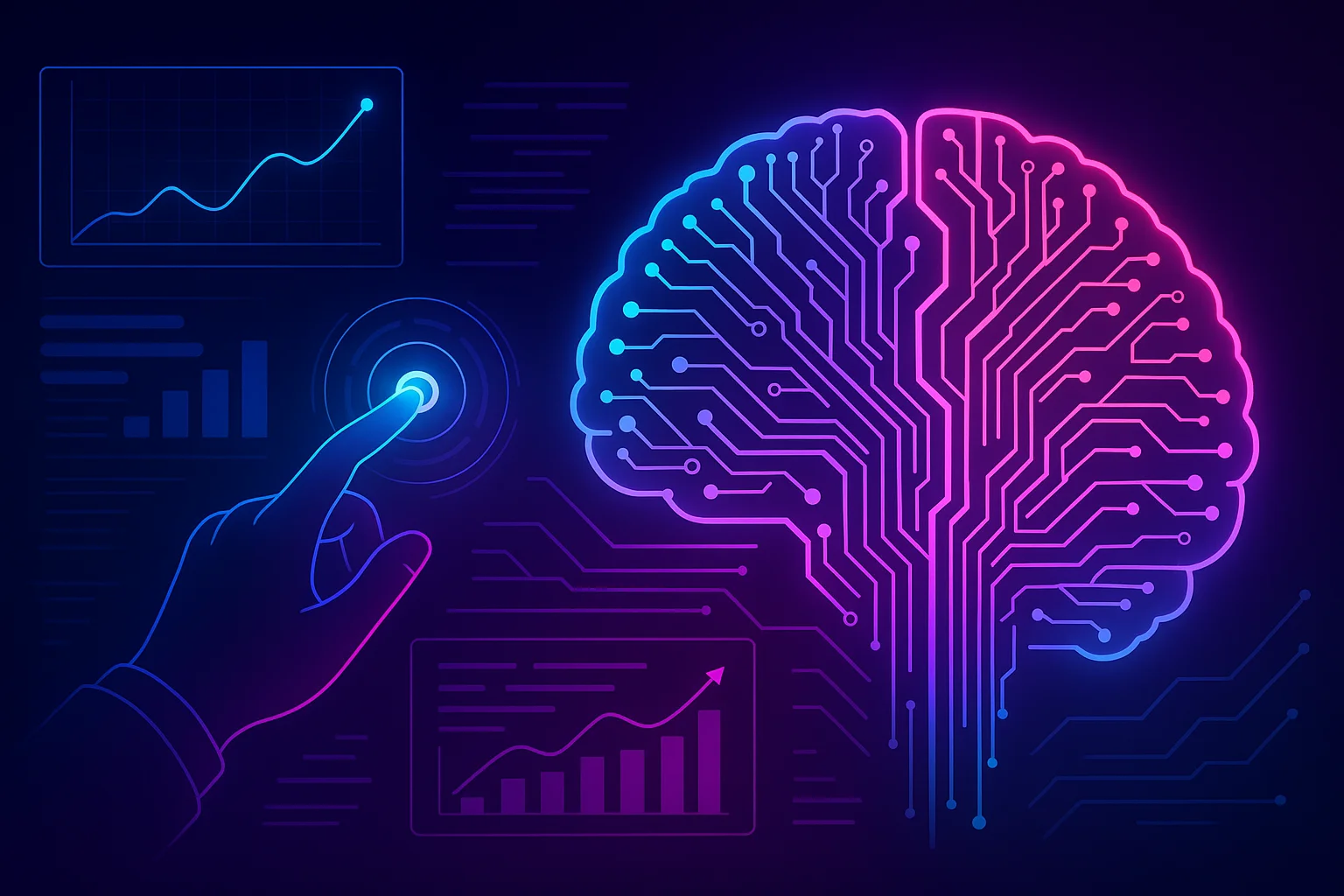 Neon hand adjusting a digital brain with performance graphs representing AI optimization – intech Heritage