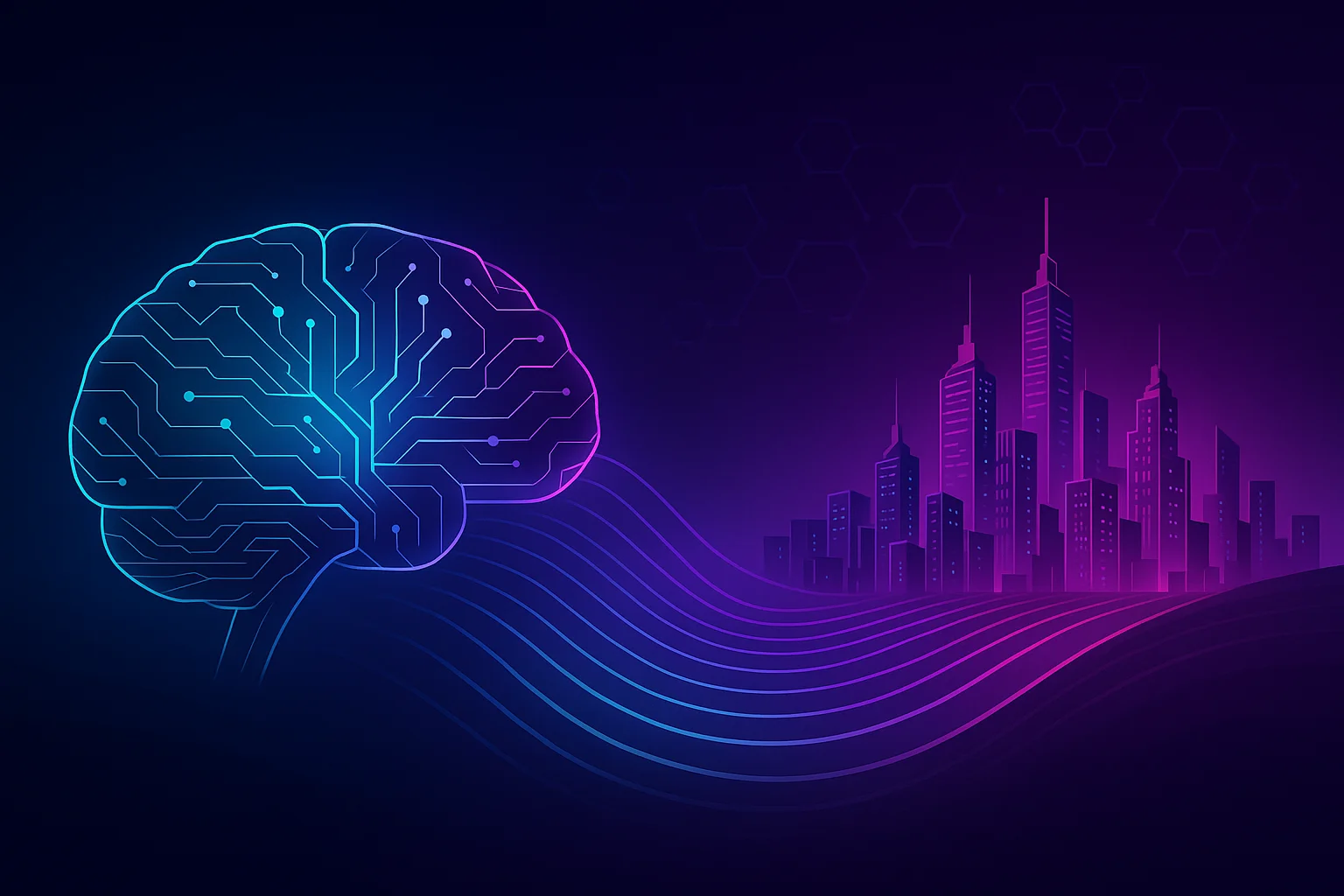 Digital brain powering a futuristic city through connected neon pathways – intech Heritage