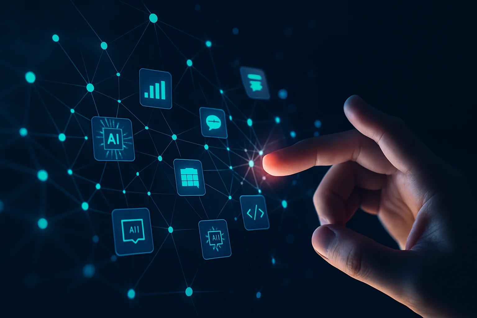 All AI Solution Interface – intech Heritage Human hand interacting with a glowing AI network interface representing a custom AI solution, with blue and teal nodes and icons, symbolizing advanced, all-in-one AI technologies by intech Heritage.