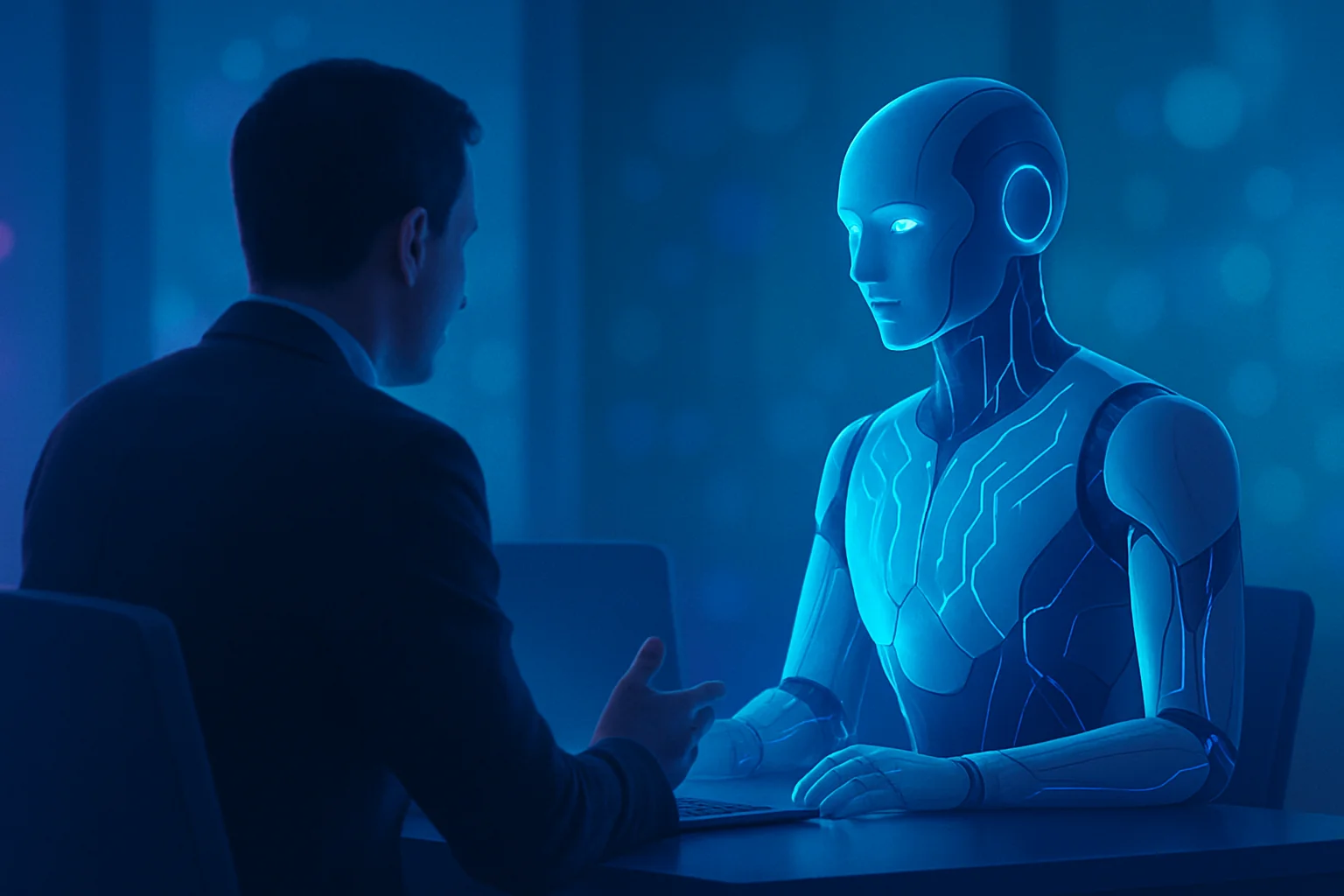 AI Consulting Session – Our AI Solutions | intech Heritage A business consultant in discussion with a humanoid AI, illustrating Intech Heritage’s strategic consulting services powered by our AI solutions.